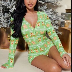 Fashion Nova Green Reindeer & Gingerbread Holiday Jumpsuit
